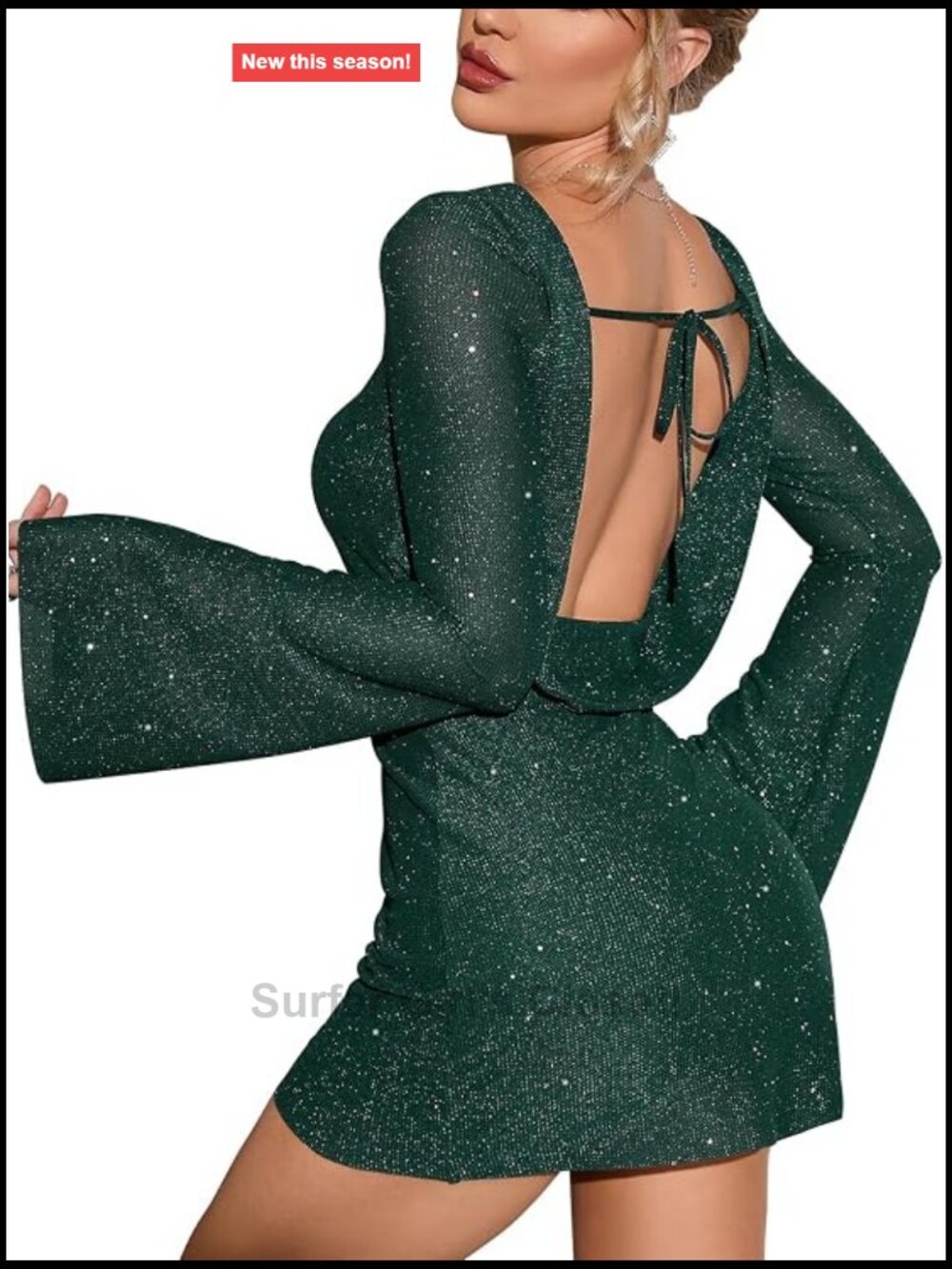 Sequin Mini Dress Long Sleeve Backless Tie Sparkly Bodycon Club Dress